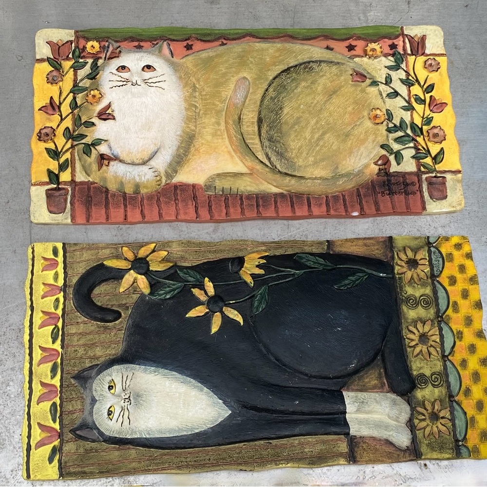 E. Smithson Cat Daisy and Buttercup Ceramic Art Tiles Relief Pottery Flowers 90s